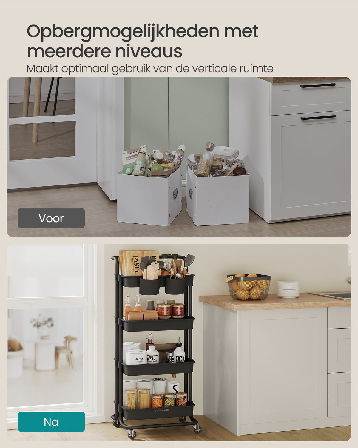 Trolley met Opbergmanden – Handgreep, 2 Hangbakjes & Wielen – 3 of 4 Lagen