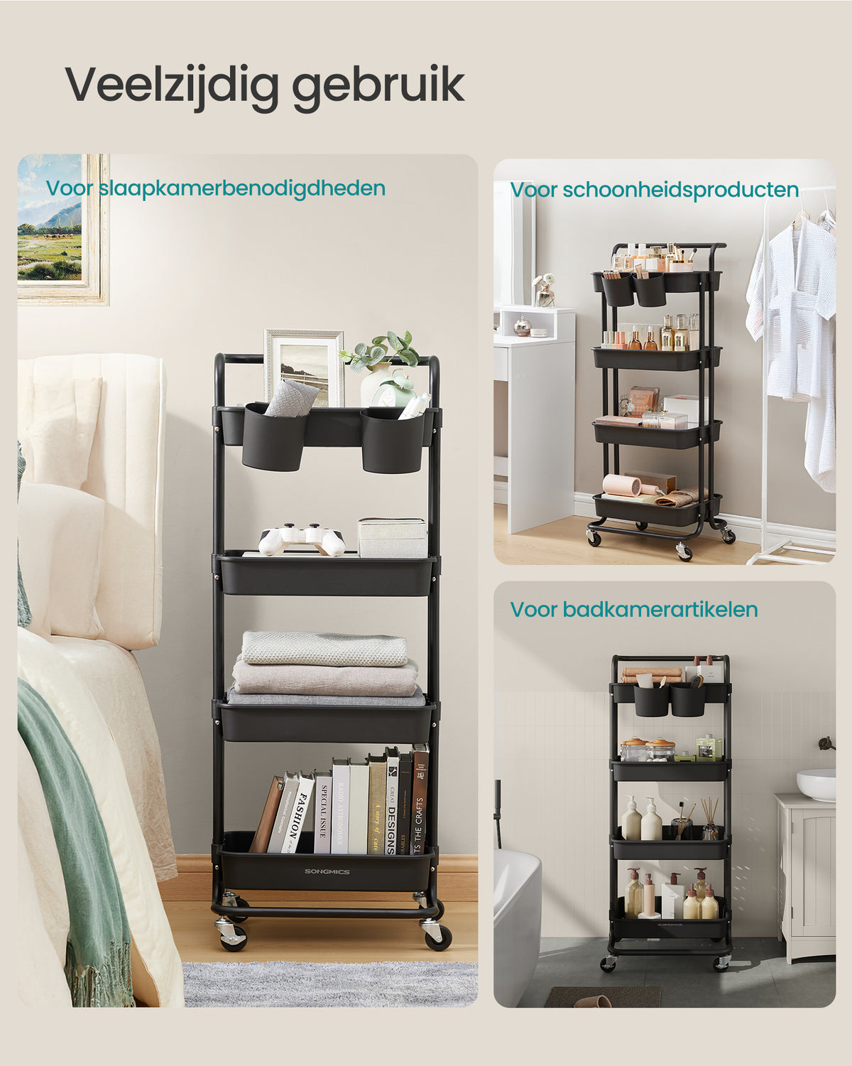 Trolley met Opbergmanden – Handgreep, 2 Hangbakjes & Wielen – 3 of 4 Lagen