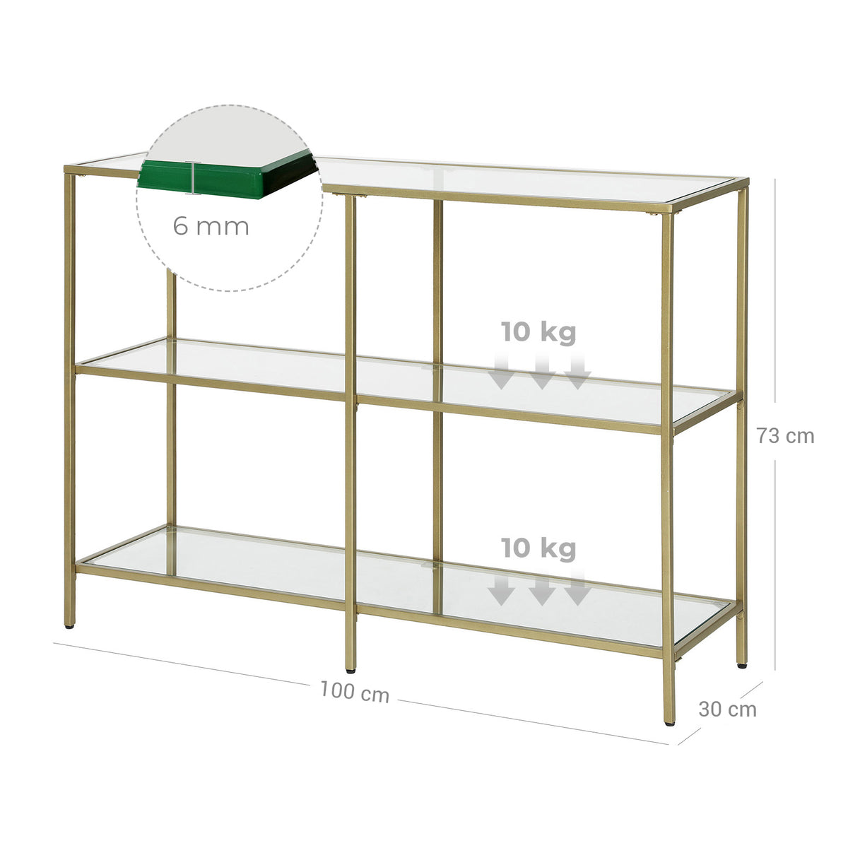 Wandtafel met 3 Glazen Planken – Goudkleurig Stalen Frame – Gehard Glas – 130 x 30 x 73 cm
