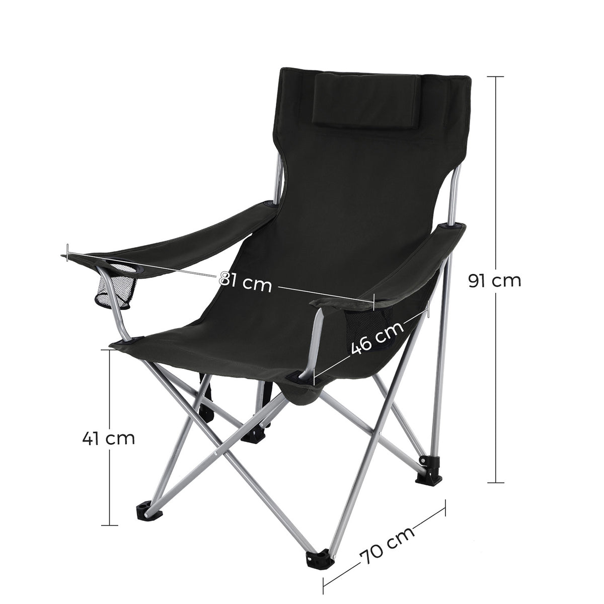 Campingstoel met Hoofdsteun en Bekerhouders – Inklapbaar met Armleuningen – Tot 150 kg – Zwart