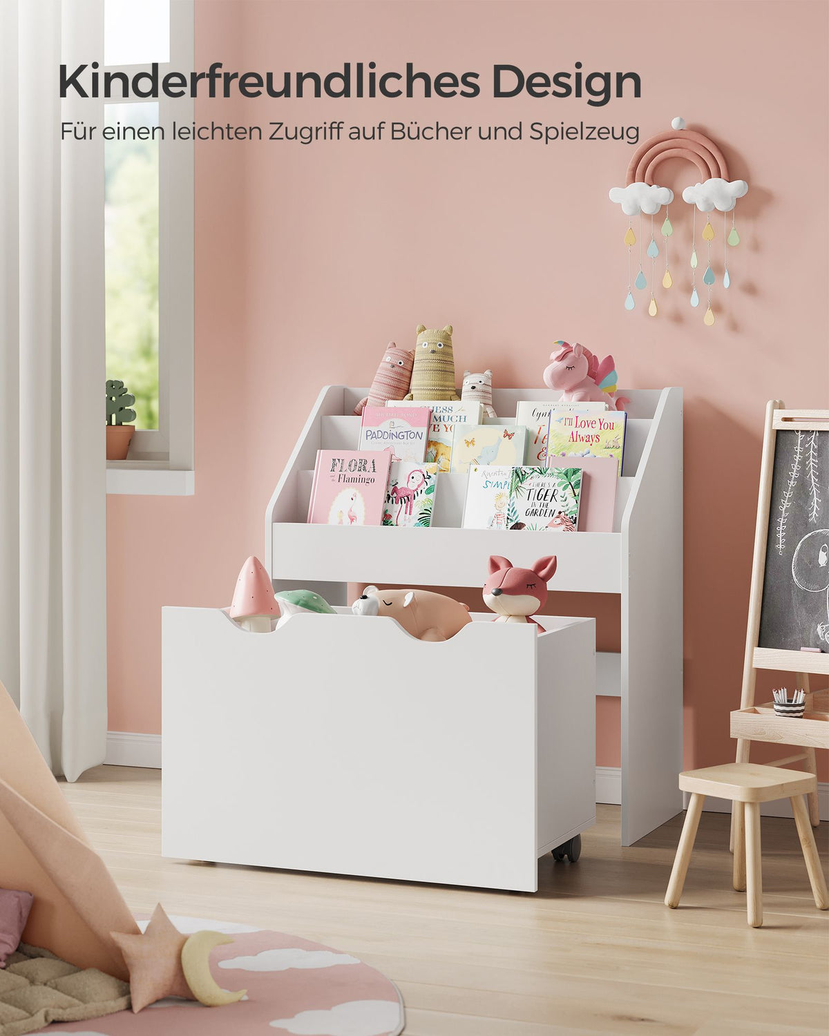 Kinderboekenkast met Speelgoedkist – Met Wielen en Anti-Kantelbeveiliging – 62,5 cm Breed