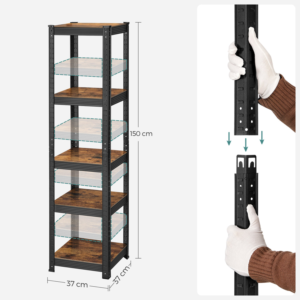 Smal Opbergrek met 5 Verstelbare Planken – Industriële Look – Tot 80 kg per Plank – 37 x 37 x 150 cm
