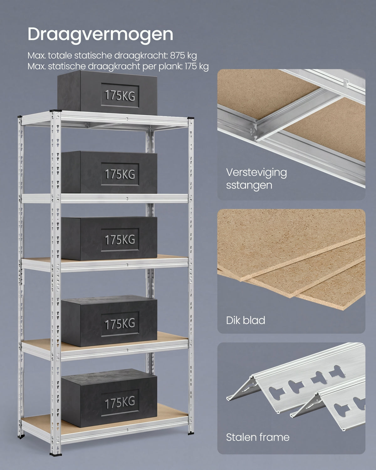 Zwaar Opbergrek met 5 Verstelbare Planken – Tot 875 kg per Rek – Zonder Schroeven – 150, 180 of 200 cm