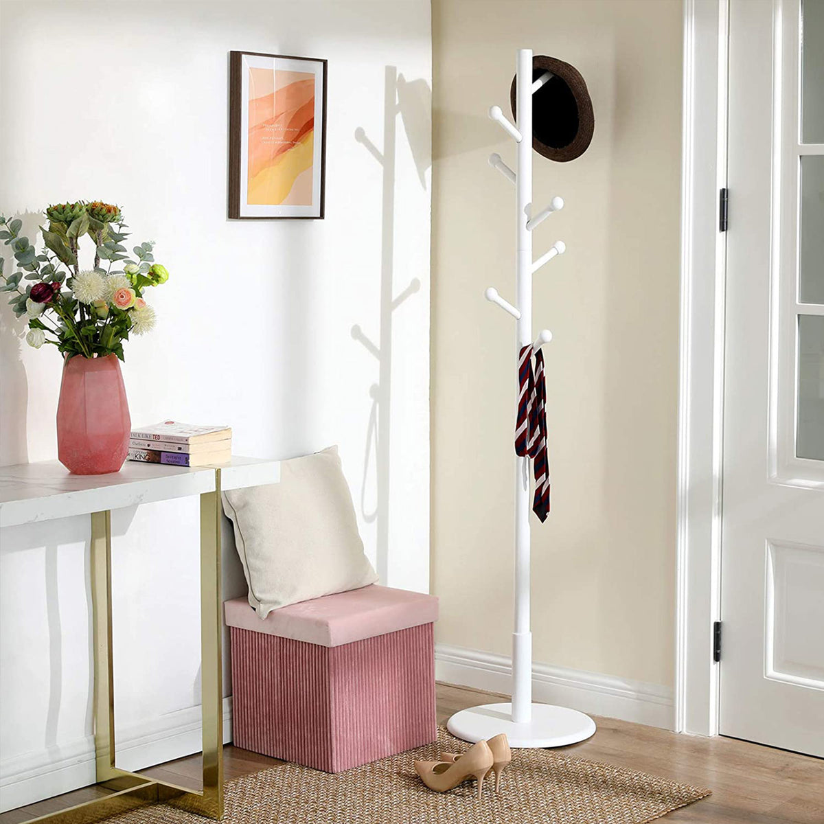 Staande Kapstok van Rubberhout – 7 Haken – Ronde Voet – Wit – Ø 38 x 175 cm
