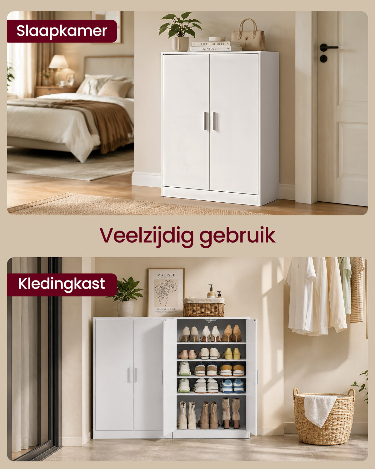 Schoenenkast met 2 Deuren – 5 Niveaus & 4 Verstelbare Planken – Tot Maat 46 – Wit – 90 cm