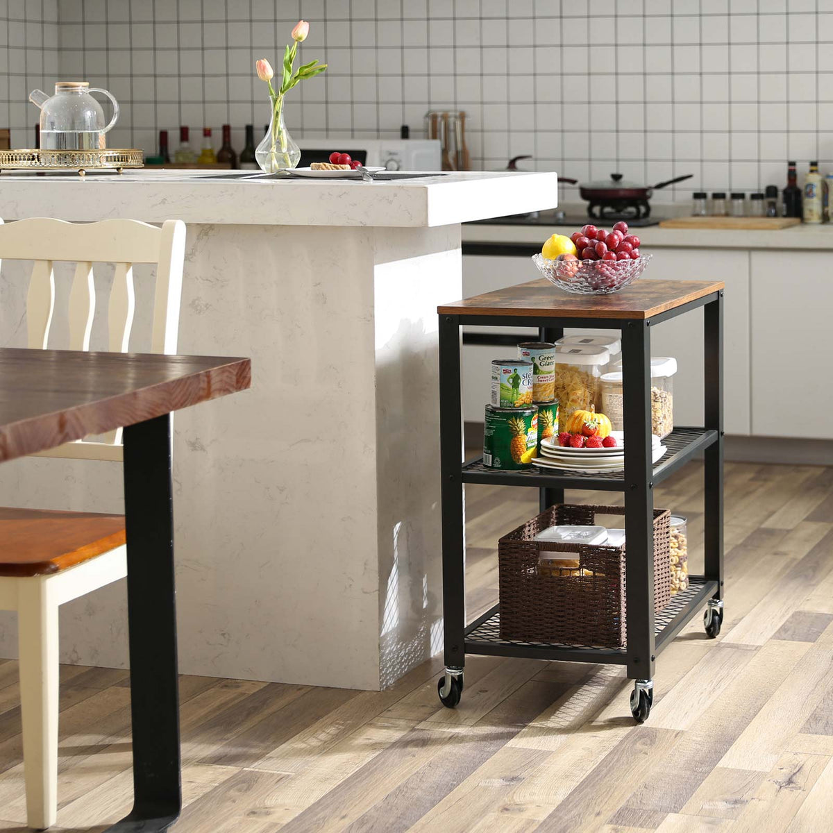 Industriële Keukentrolley – Houten Blad & 2 Gaasplanken – Op Wielen – 60 x 77,5 cm