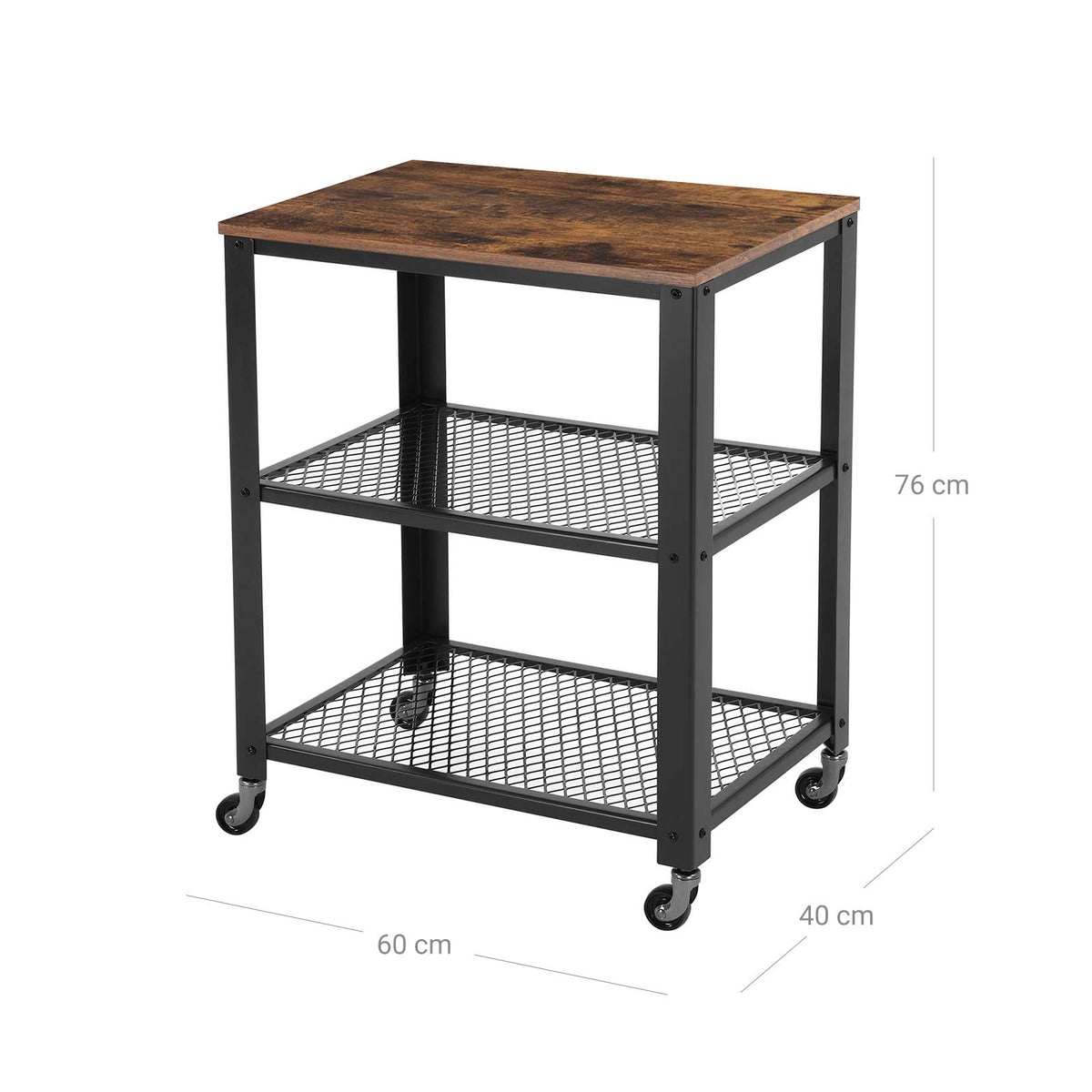 Industriële Keukentrolley – Houten Blad & 2 Gaasplanken – Op Wielen – 60 x 77,5 cm
