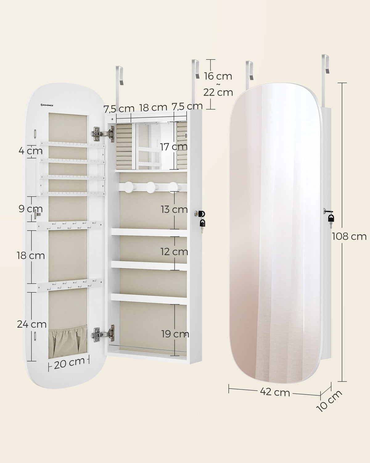 Hangende Sieradenkast met Spiegel – Afgeronde Hoeken – Binnenspiegel & Verlichting – 108 cm