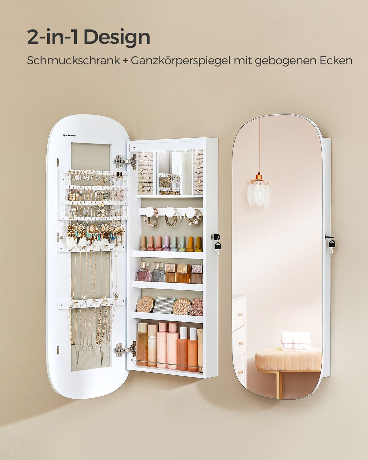 Hangende Sieradenkast met Spiegel – Afgeronde Hoeken – Binnenspiegel & Verlichting – 108 cm
