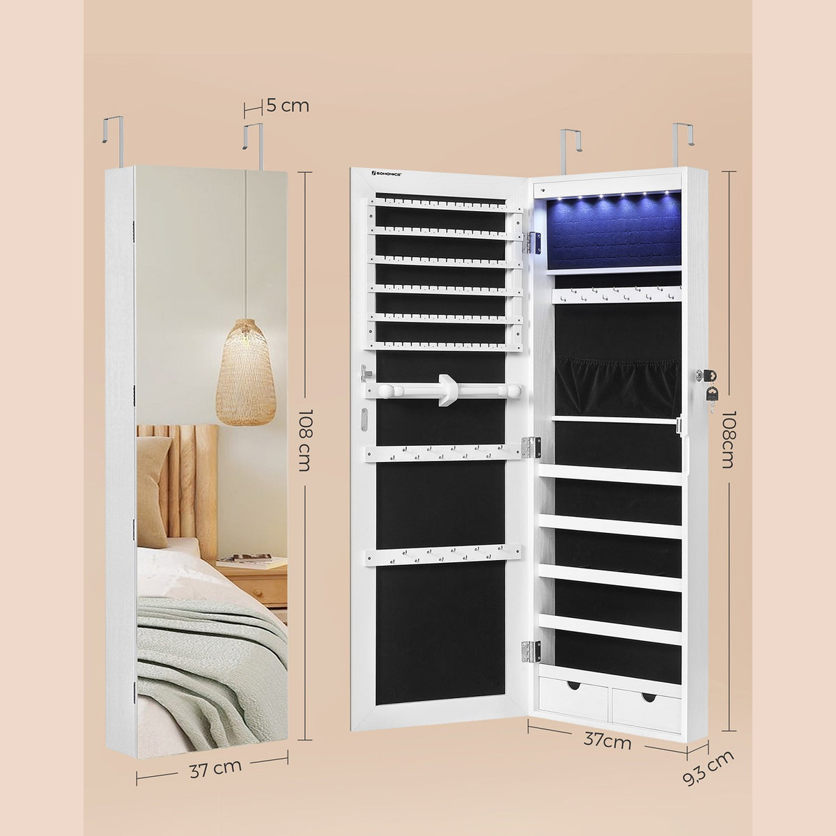 Hangende Sieradenkast met Frameloze Spiegel – LED – Afsluitbaar – Deur- of Wandmontage – 108 cm
