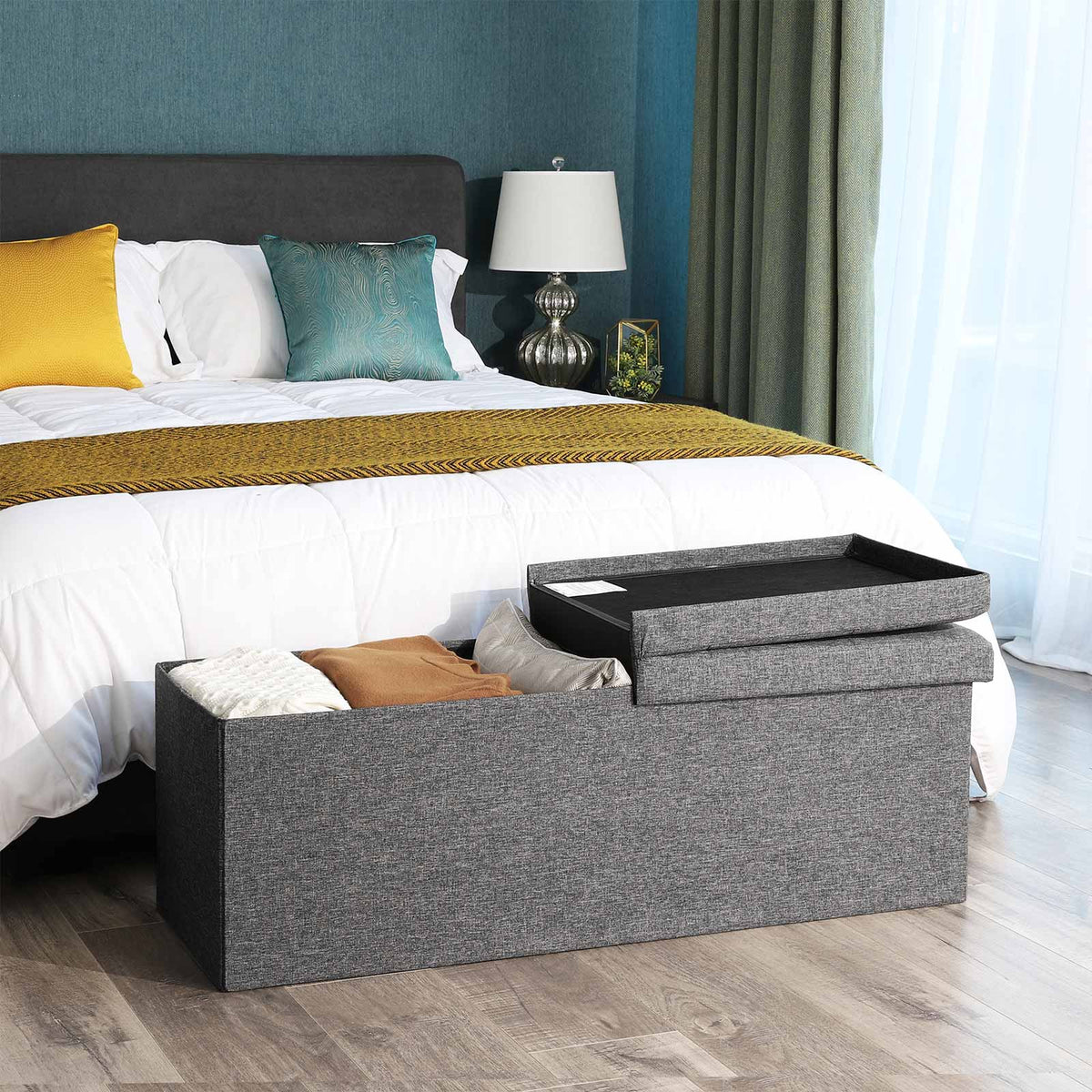 Opbergbank met Klapdeksel – Hocker in Linnenlook – Tot 300 kg – Donkergrijs – 110 cm