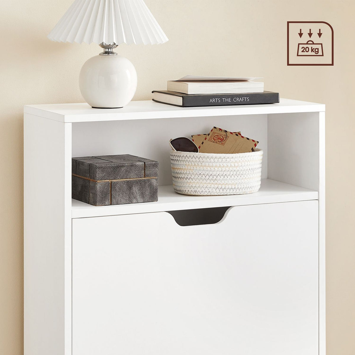 Witte Schoenenkast met 2 Kleppen – Tussenschotten voor Platte Schoenen – Open Vak – 102 cm