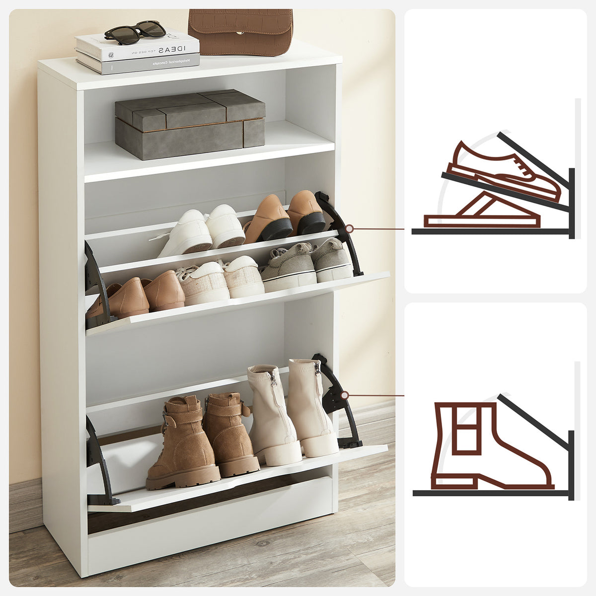 Witte Schoenenkast met 2 Kleppen – Tussenschotten voor Platte Schoenen – Open Vak – 102 cm