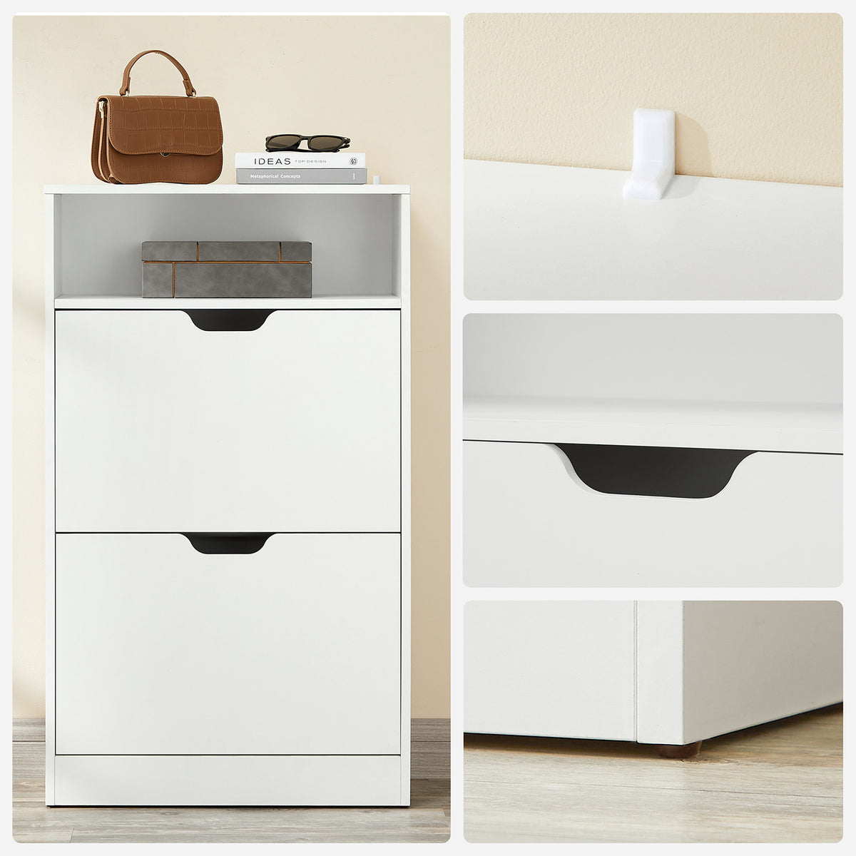 Witte Schoenenkast met 2 Kleppen – Tussenschotten voor Platte Schoenen – Open Vak – 102 cm