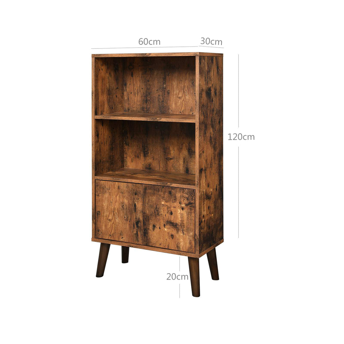 Retro Boekenkast met 2 Deuren – Push-to-Open – Schuine Poten van Rubberhout – 60 x 30 x 120 cm