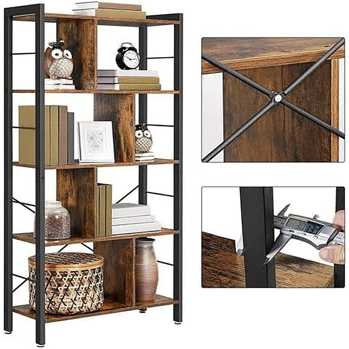 Industriële Boekenkast met 4 Niveaus – Stalen Frame – Verstelbare Voetjes – 74 x 30 x 154,5 cm