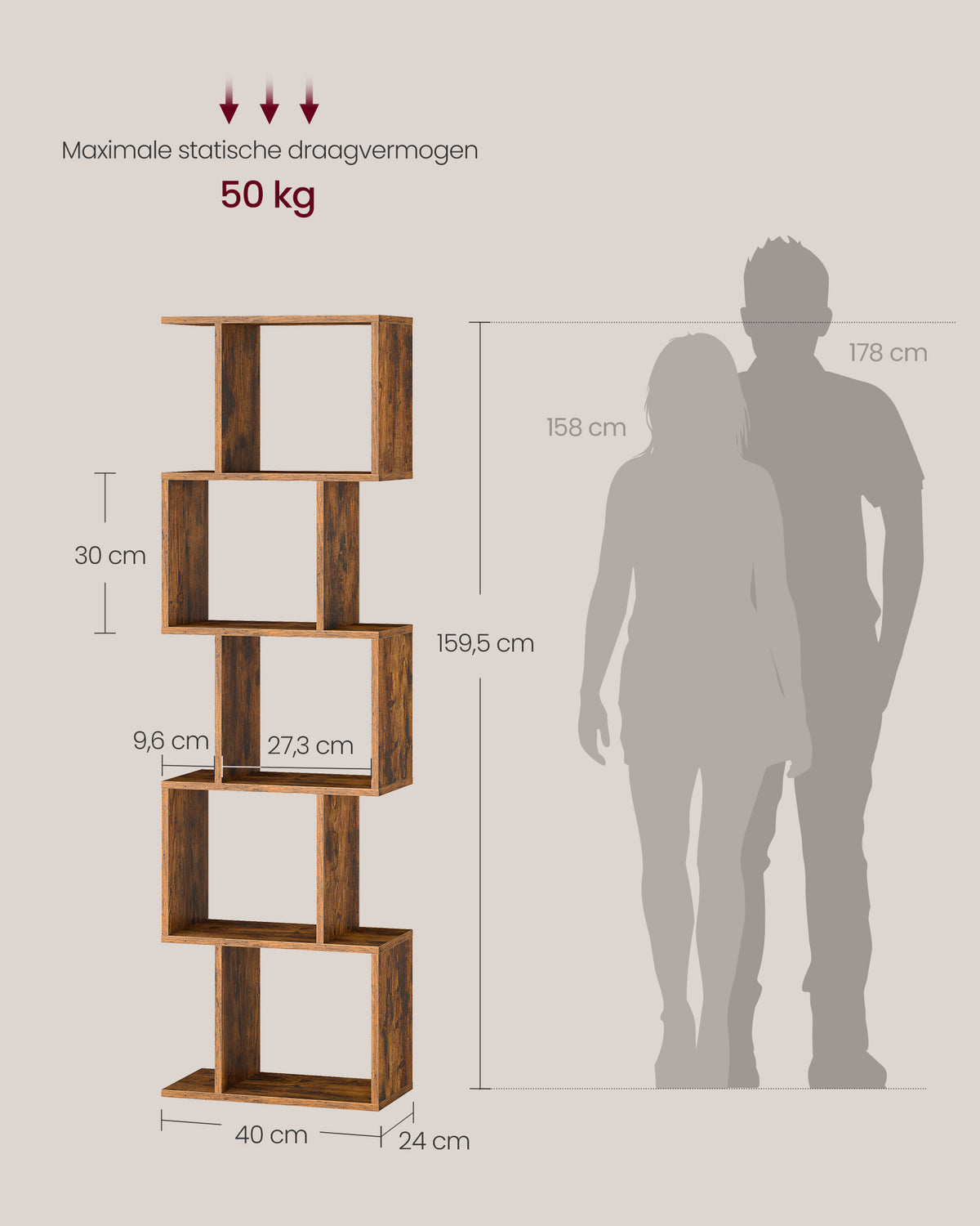 S-vormige Boekenkast – Open Zigzag Kast met 5 of 6 Niveaus – Spaanplaat – 40 of 70 cm Breed