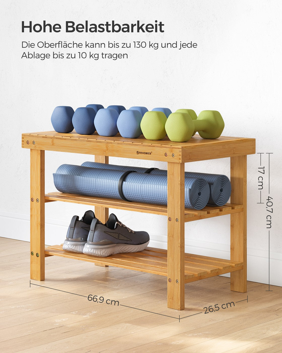 Bamboe Schoenenbank – Schoenenrek met Zitbank en 2 Planken – Tot 130 kg – 70 x 28 x 45 cm
