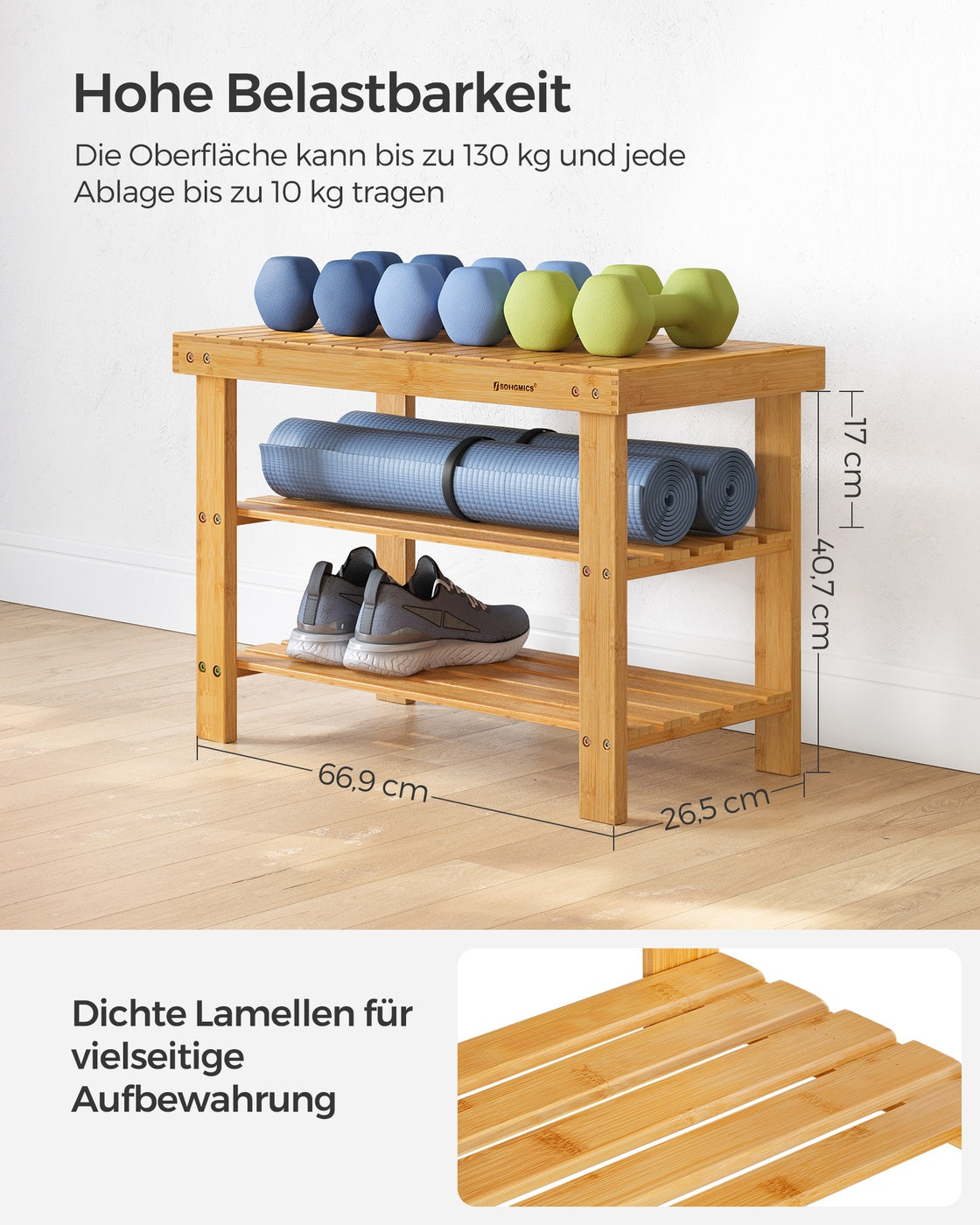 Bamboe Schoenenbank – Schoenenrek met Zitbank en 2 Planken – Tot 130 kg – 70 x 28 x 45 cm