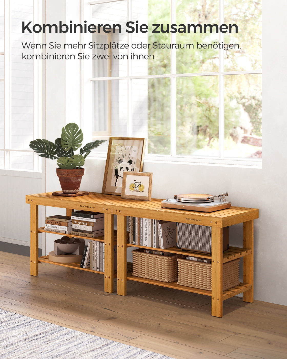 Bamboe Schoenenbank – Schoenenrek met Zitbank en 2 Planken – Tot 130 kg – 70 x 28 x 45 cm