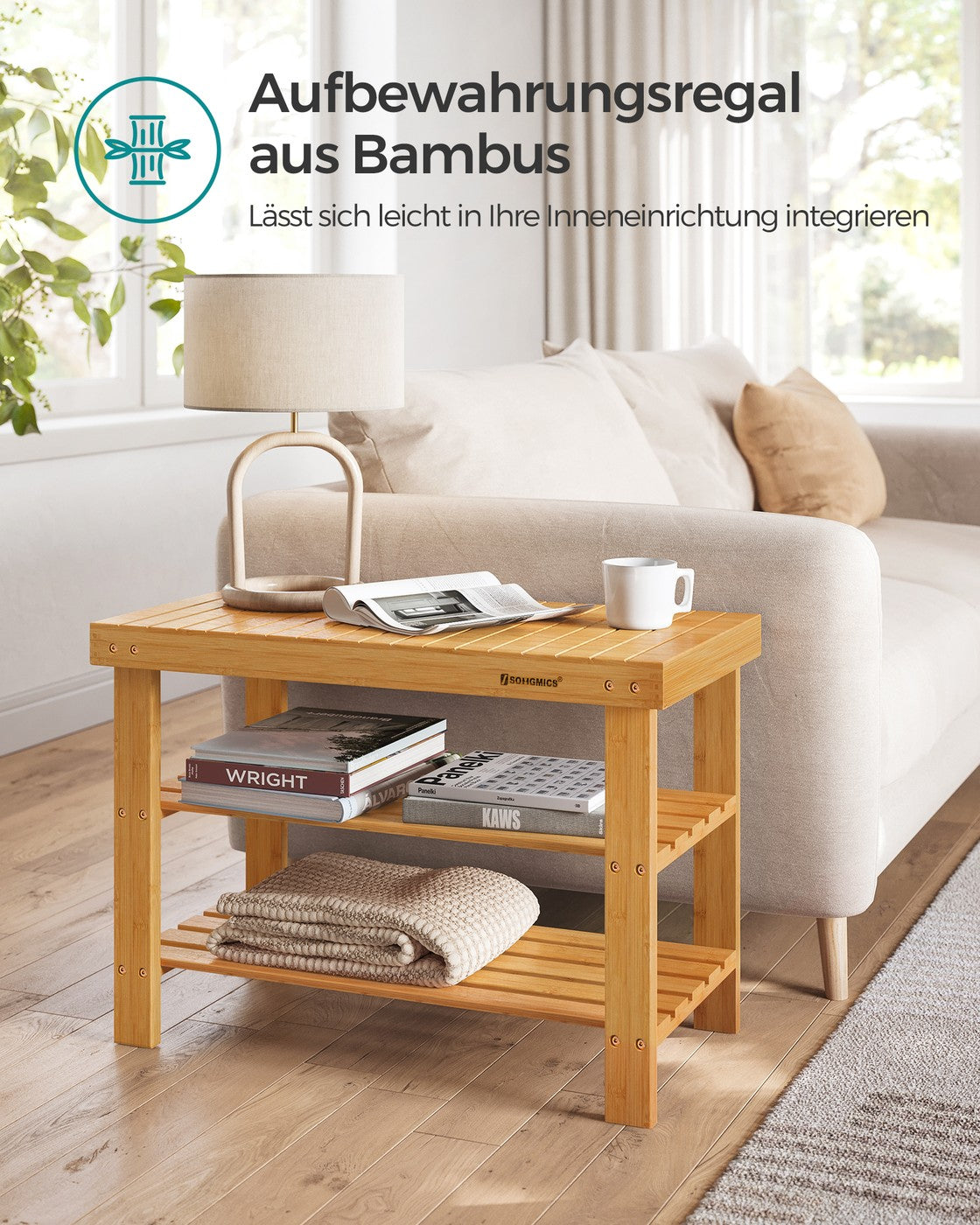 Bamboe Schoenenbank – Schoenenrek met Zitbank en 2 Planken – Tot 130 kg – 70 x 28 x 45 cm