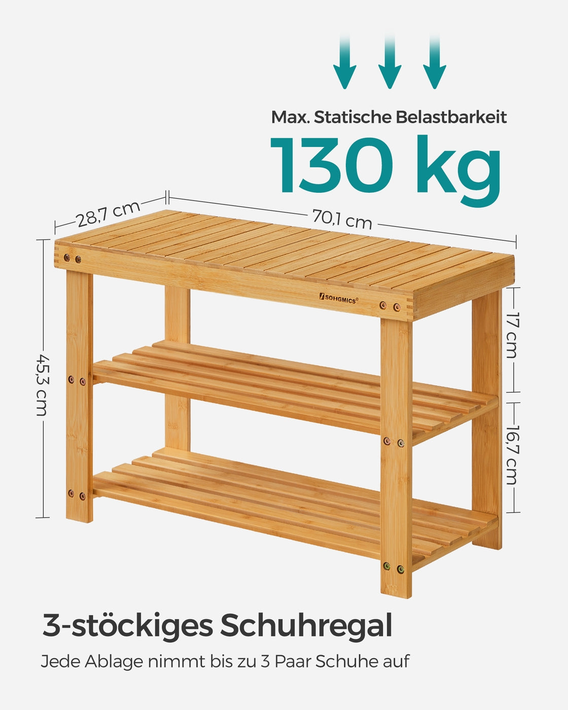 Bamboe Schoenenbank – Schoenenrek met Zitbank en 2 Planken – Tot 130 kg – 70 x 28 x 45 cm