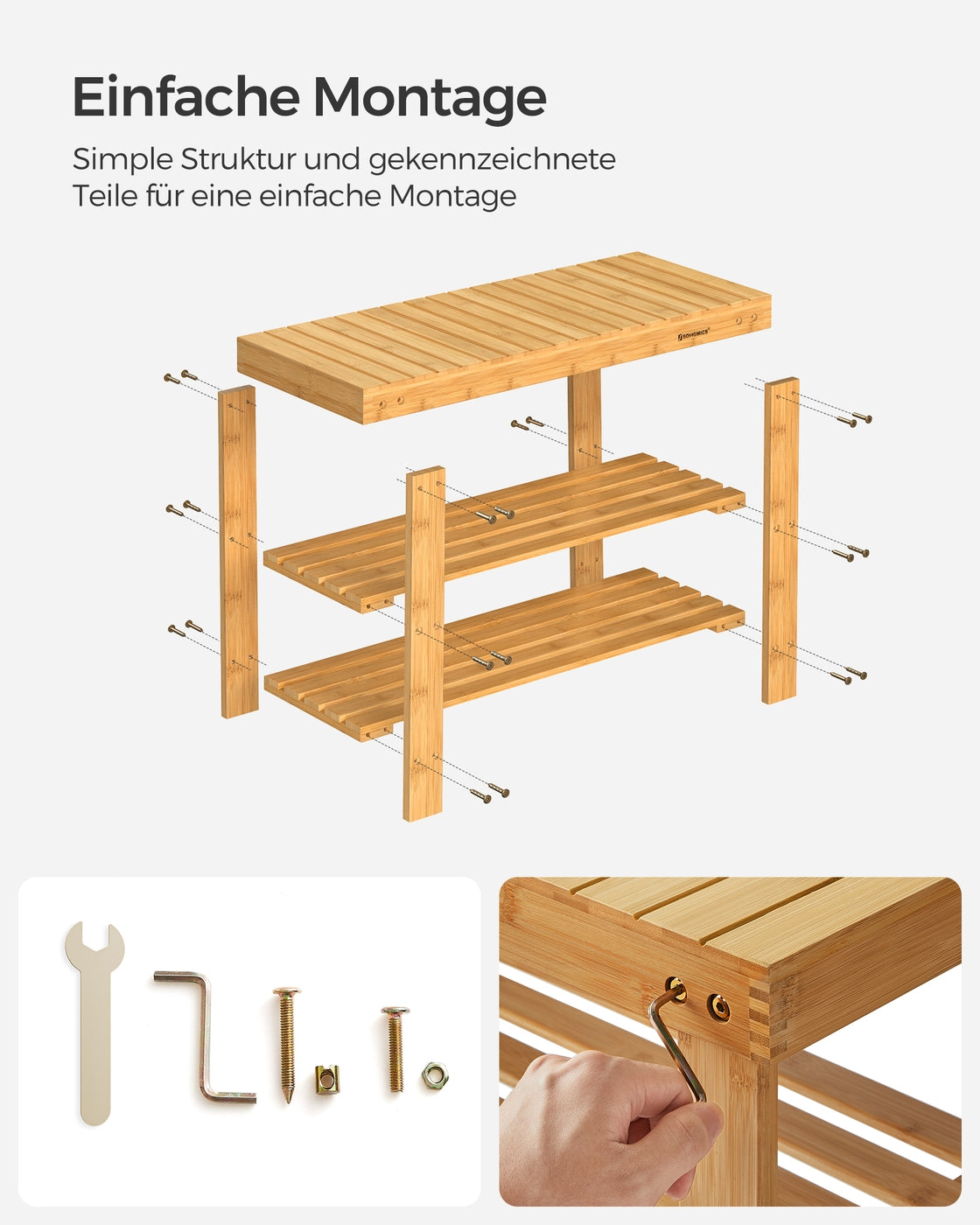 Bamboe Schoenenbank – Schoenenrek met Zitbank en 2 Planken – Tot 130 kg – 70 x 28 x 45 cm