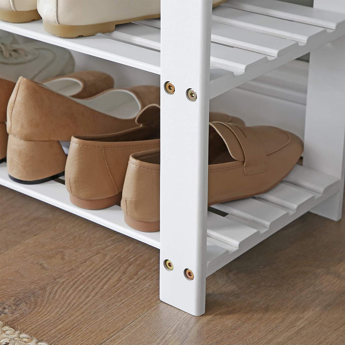 Schoenenbank van Bamboe met Zitkussen – 2 Schoenenplanken – Tot 150 kg – Wit/Grijs – 71 cm
