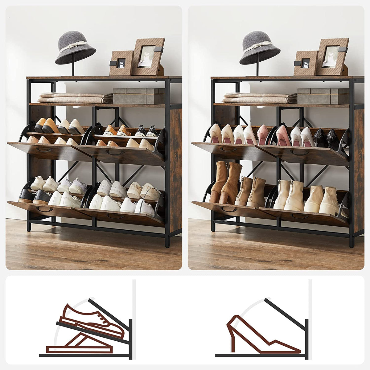 Schoenenkast met 4 Kleppen – Open Plank – Industrieel Stalen Frame – 98 x 95 cm
