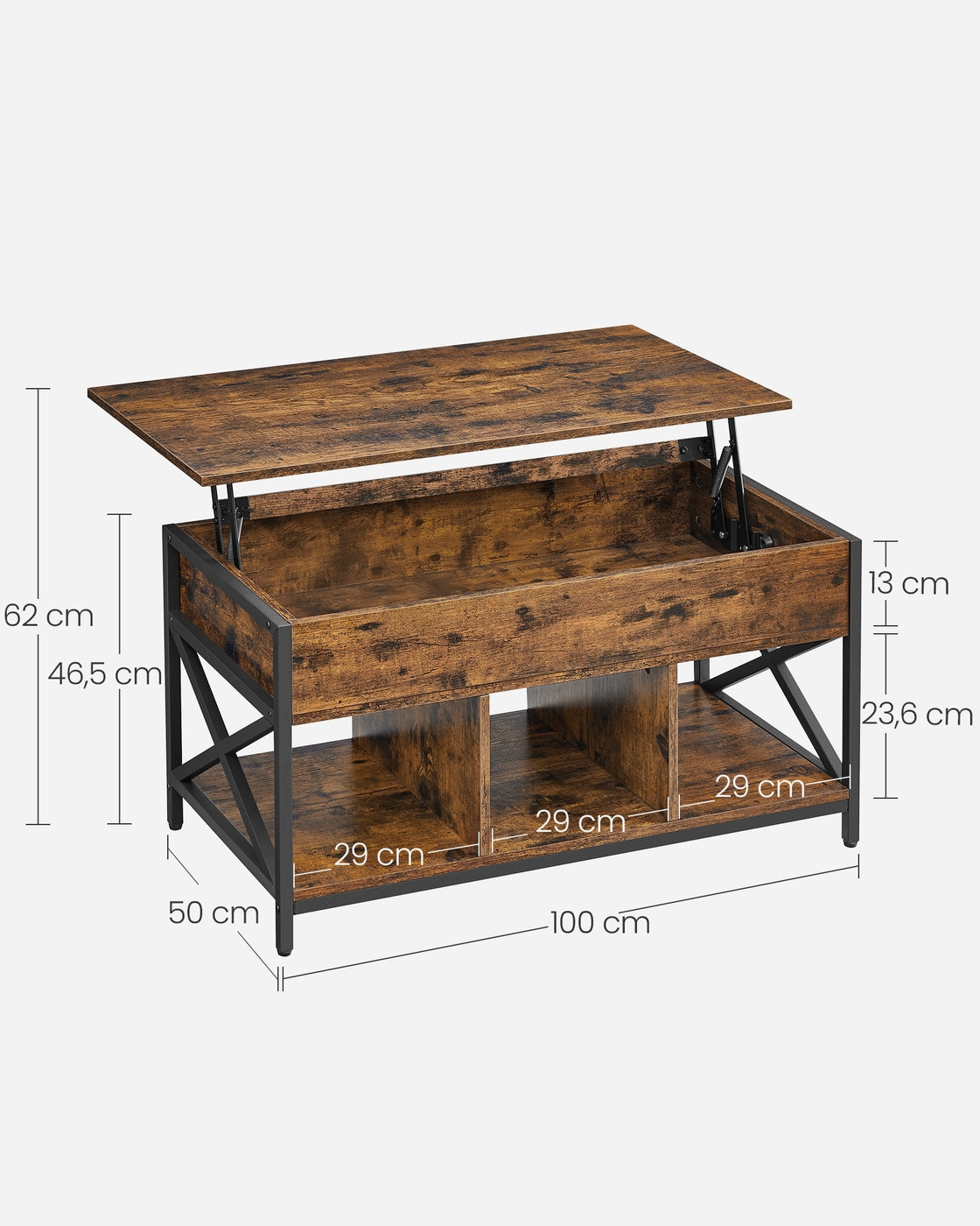 Salontafel met Opbergruimte – Lift-Top in Hoogte Verstelbaar Blad – Industrieel – voor Woonkamer