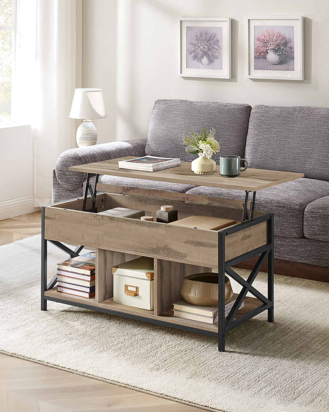 Salontafel met Opbergruimte – Lift-Top in Hoogte Verstelbaar Blad – Industrieel – voor Woonkamer
