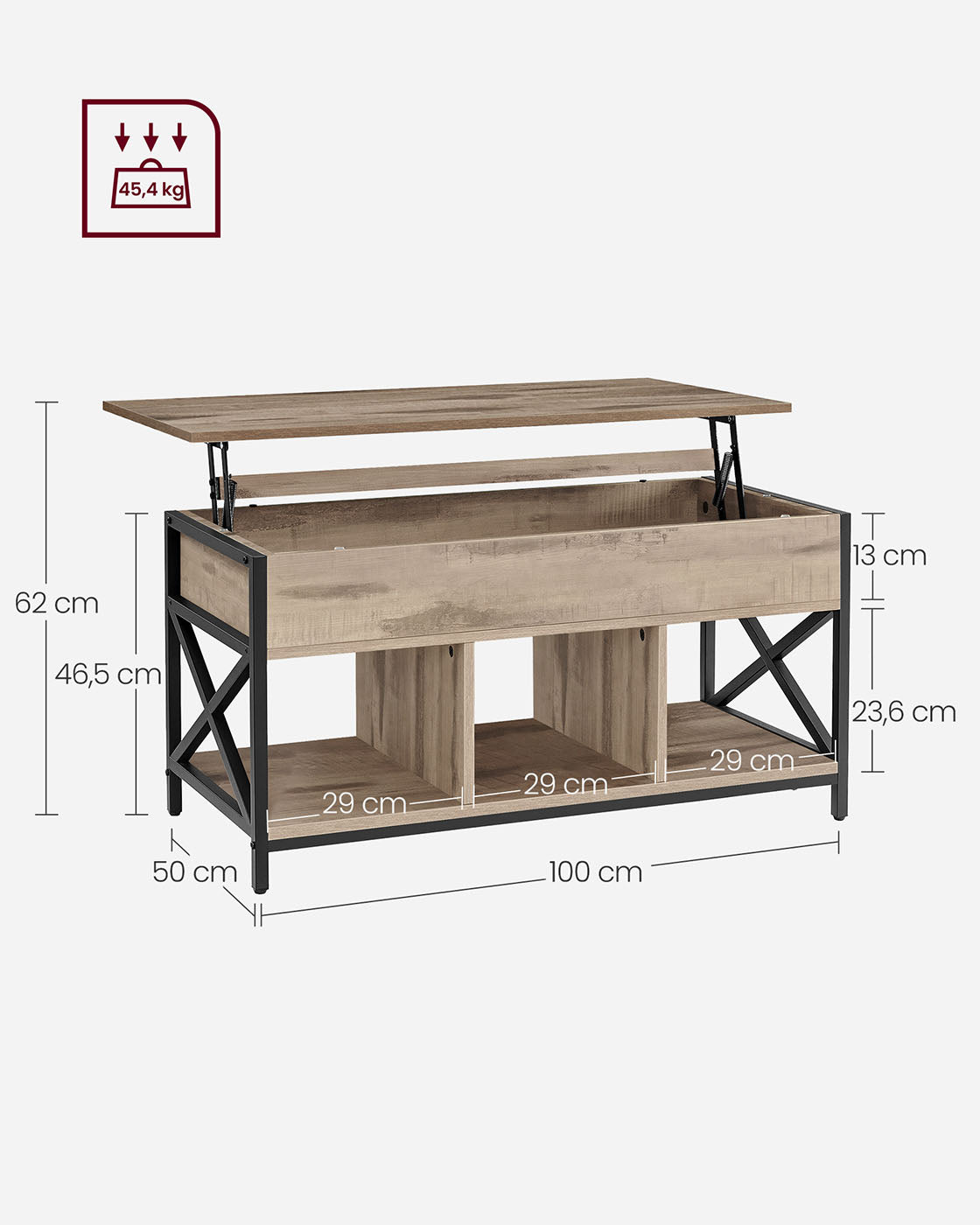 Salontafel met Opbergruimte – Lift-Top in Hoogte Verstelbaar Blad – Industrieel – voor Woonkamer