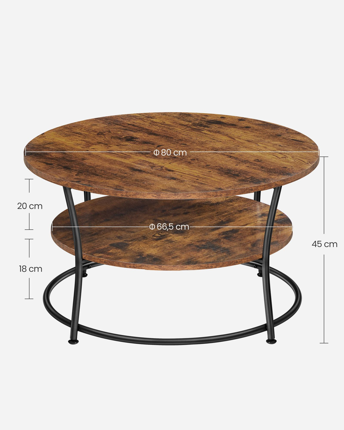 Ronde Salontafel met Onderplank – 2 Niveaus – Gebogen Stalen Poten met Ring – Ø 80 cm