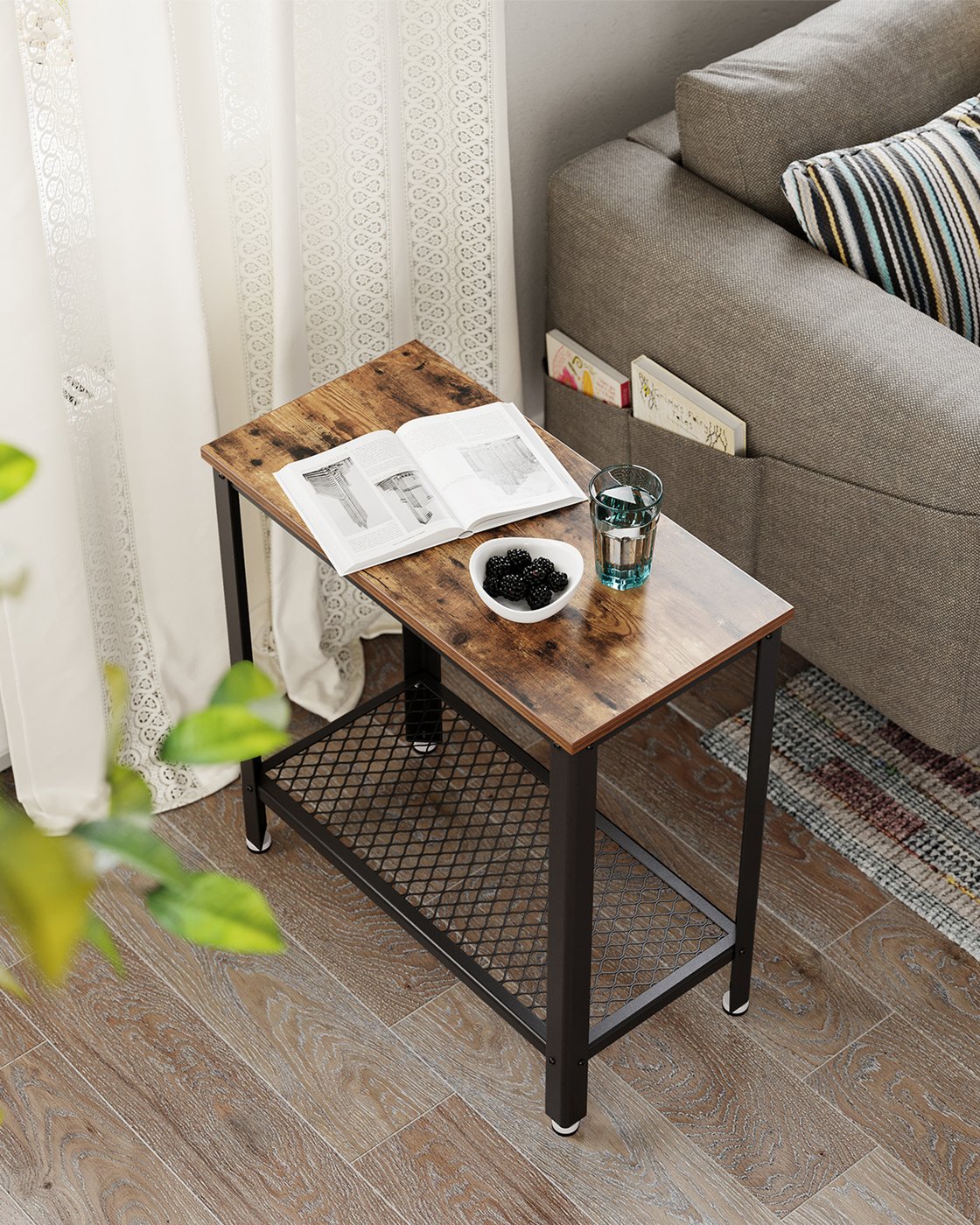 Bijzettafel Industrieel – Smal Banktafeltje met Gaasplank – Stalen Frame – 60 x 30 x 60 cm