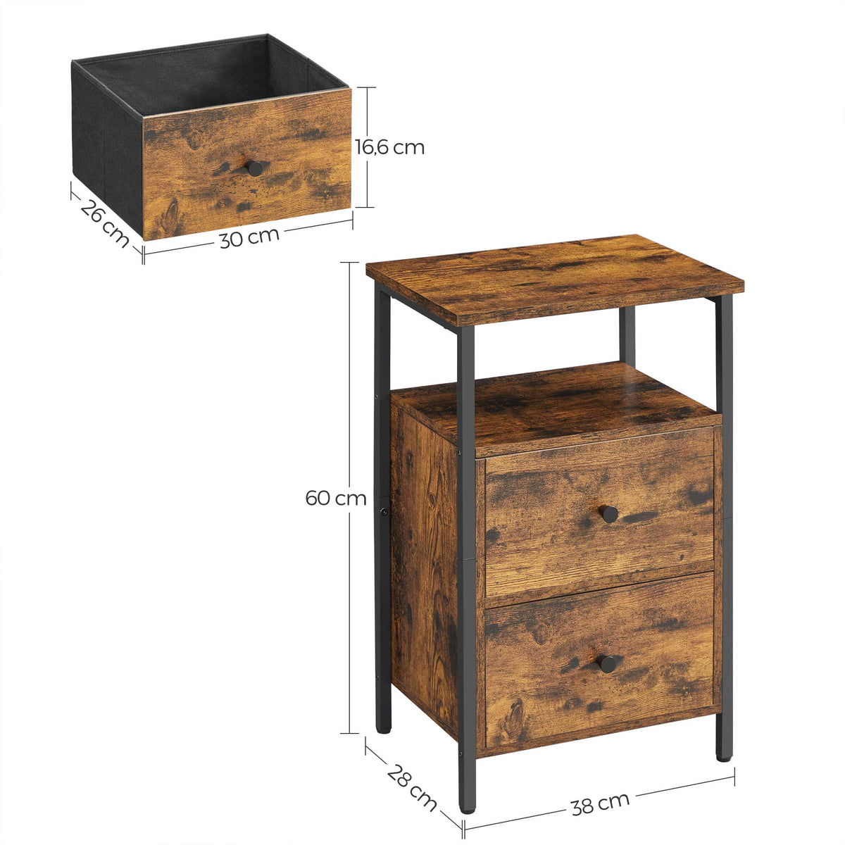 Nachtkastje met 2 Stoffen Lades – Industrieel Design – Open Vak – Stalen Frame – 38 x 28 x 60 cm