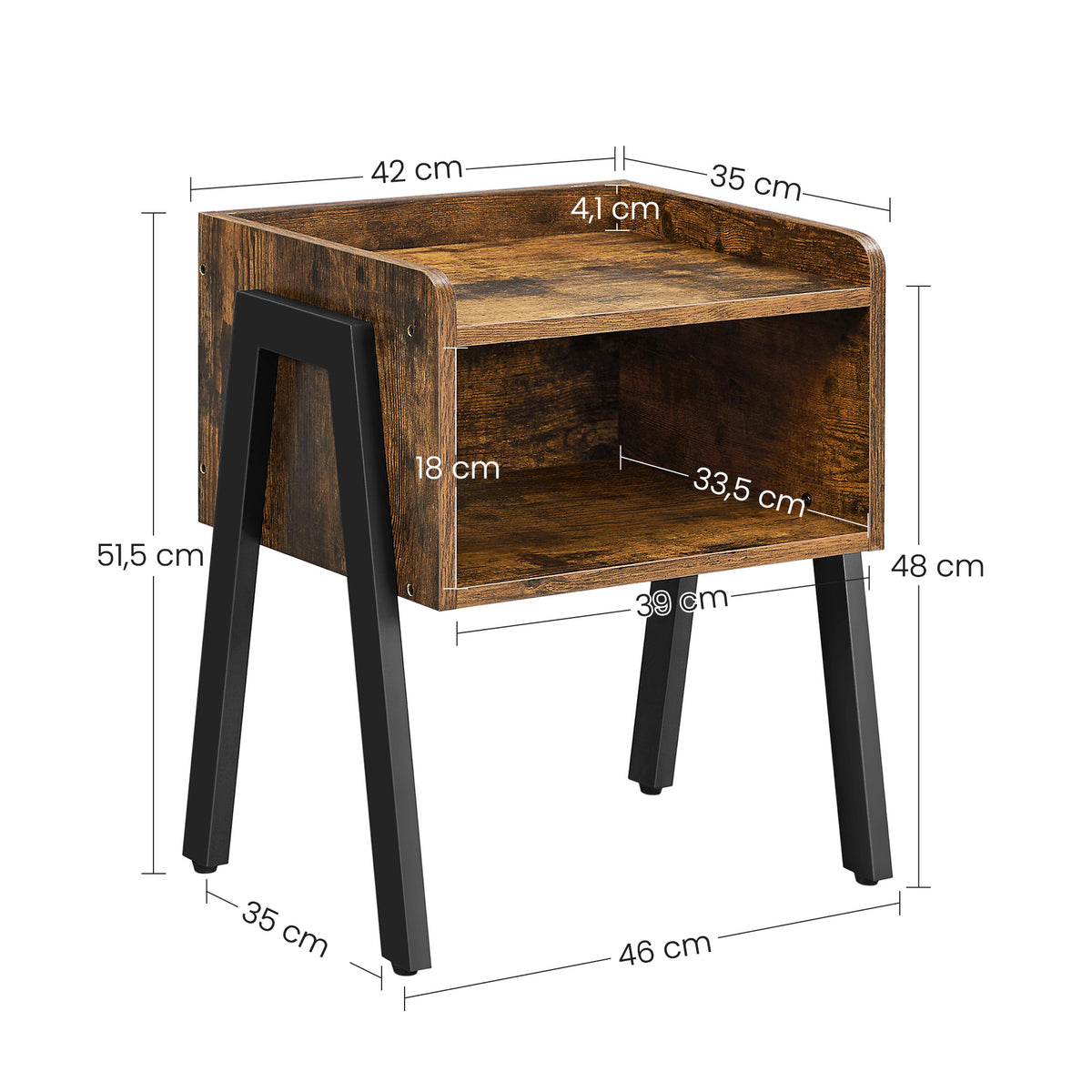 Nachtkastje Industrieel – Groot Open Vak – Mat Zwarte Stalen Poten – Vintage Bruin – 42 x 35 x 52 cm