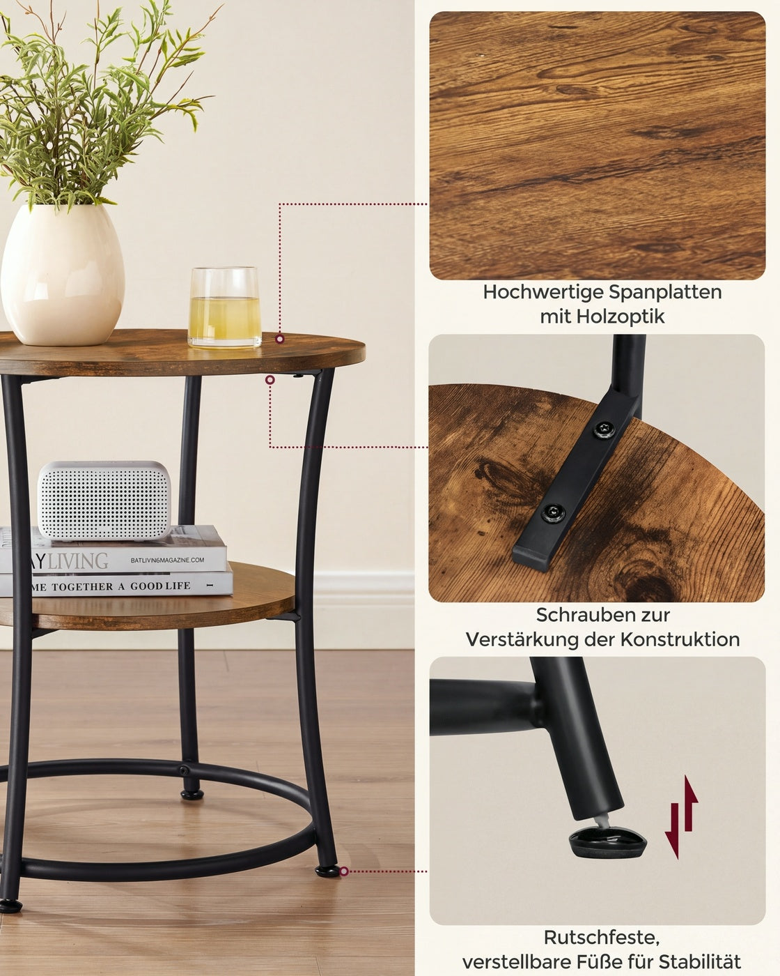 Ronde Bijzettafel – 2 Niveaus – Verstelbare Poten – 55 cm Diameter