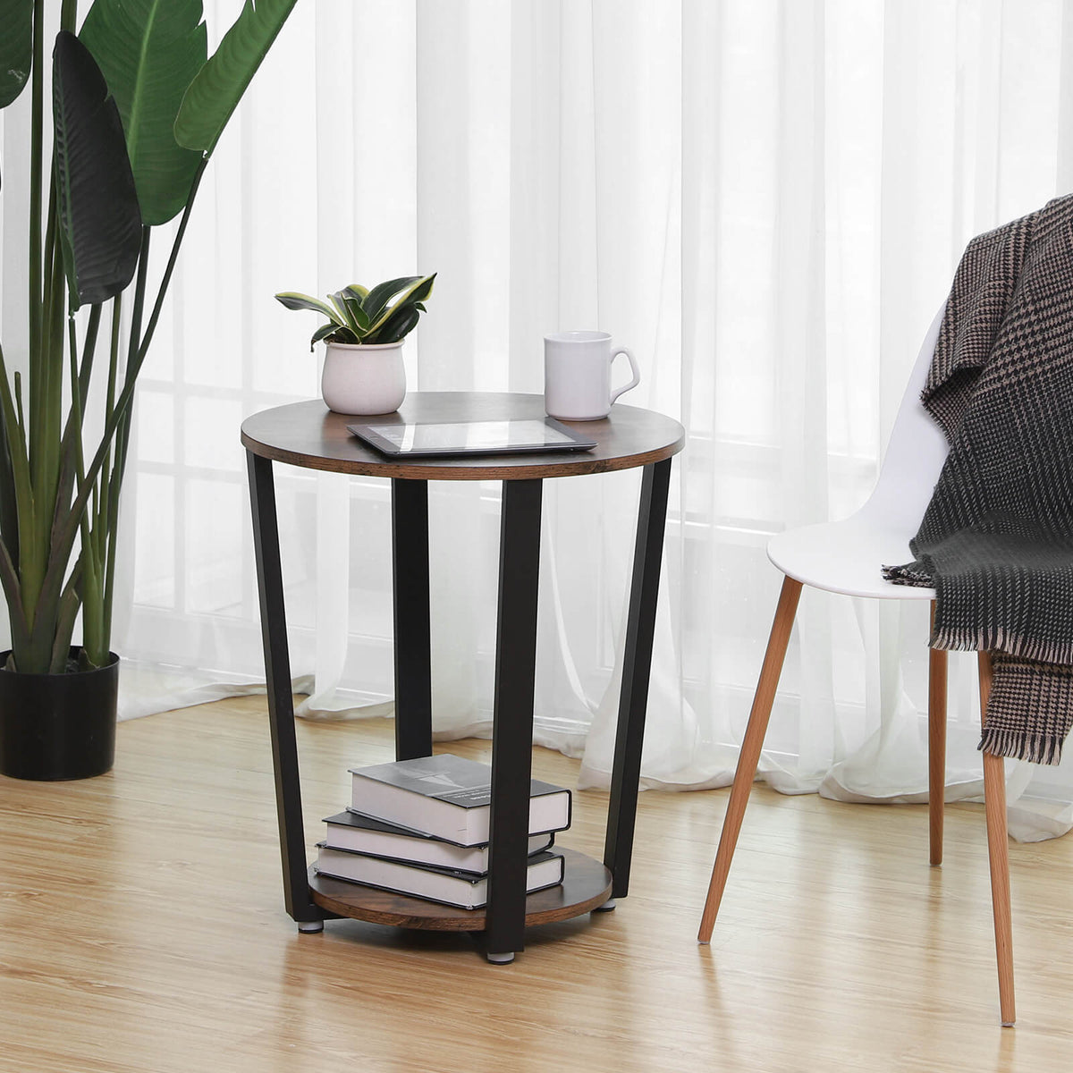 Ronde Bijzettafel Industrieel – 2 Niveaus – Ø 50 cm – Vintage Bruin & Zwart – Belastbaar tot 100 kg