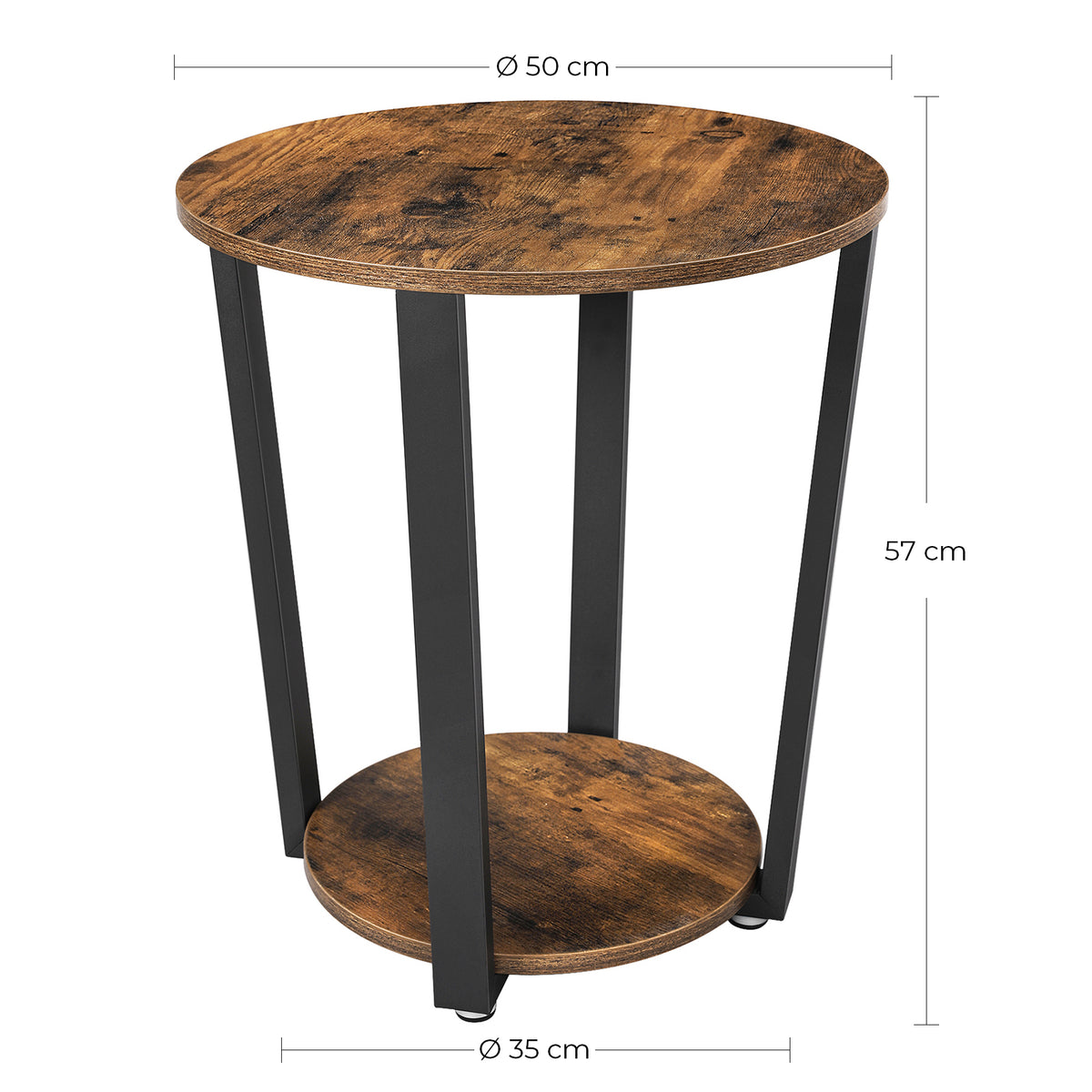 Ronde Bijzettafel Industrieel – 2 Niveaus – Ø 50 cm – Vintage Bruin & Zwart – Belastbaar tot 100 kg