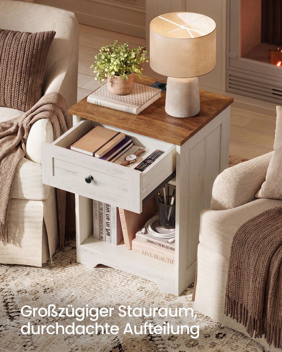 Nachtkastje met Stopcontact en USB – Landelijke Stijl – Lade en Open Vak – 40 x 30 x 59 cm