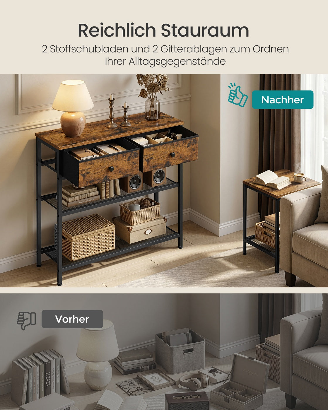 Smalle Wandtafel - Stalen Frame Met 3 Stoffen Lades - Voor Hal En Woonkamer