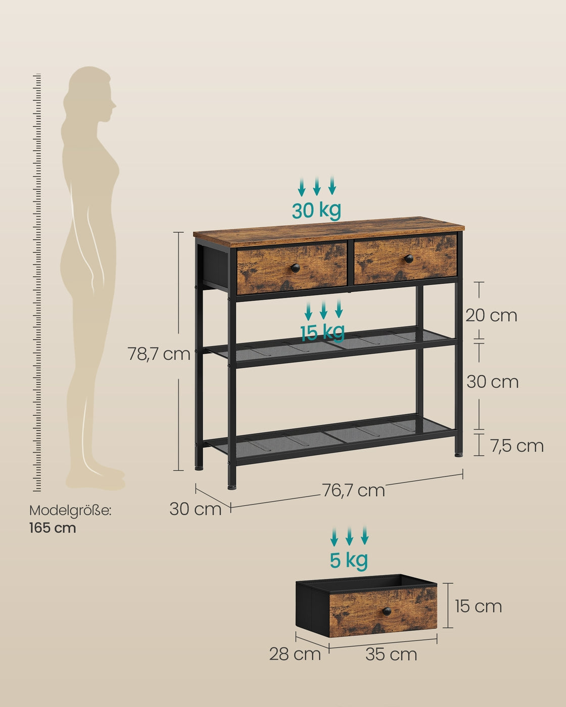 Smalle Wandtafel - Stalen Frame Met 3 Stoffen Lades - Voor Hal En Woonkamer