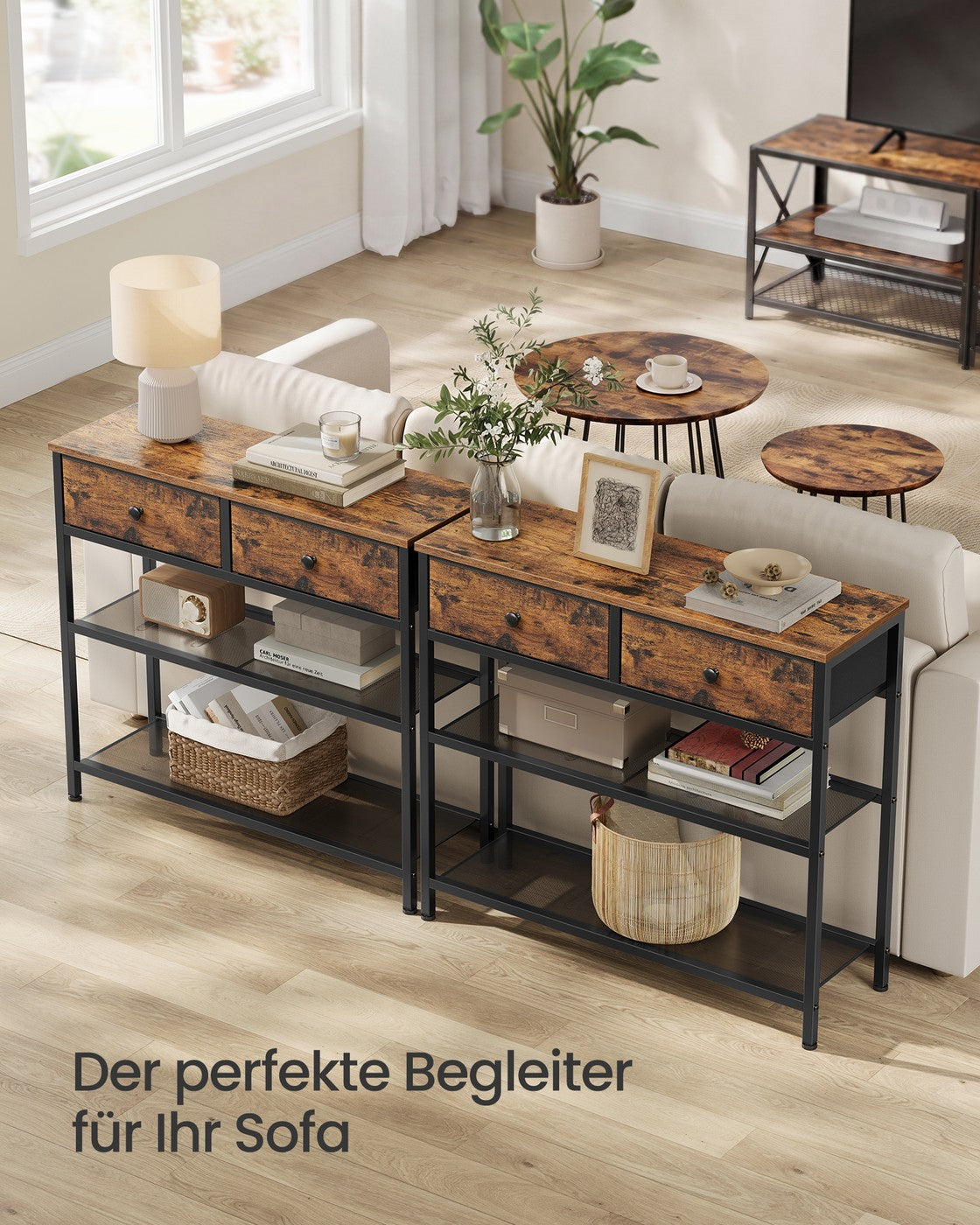 Smalle Wandtafel - Stalen Frame Met 3 Stoffen Lades - Voor Hal En Woonkamer
