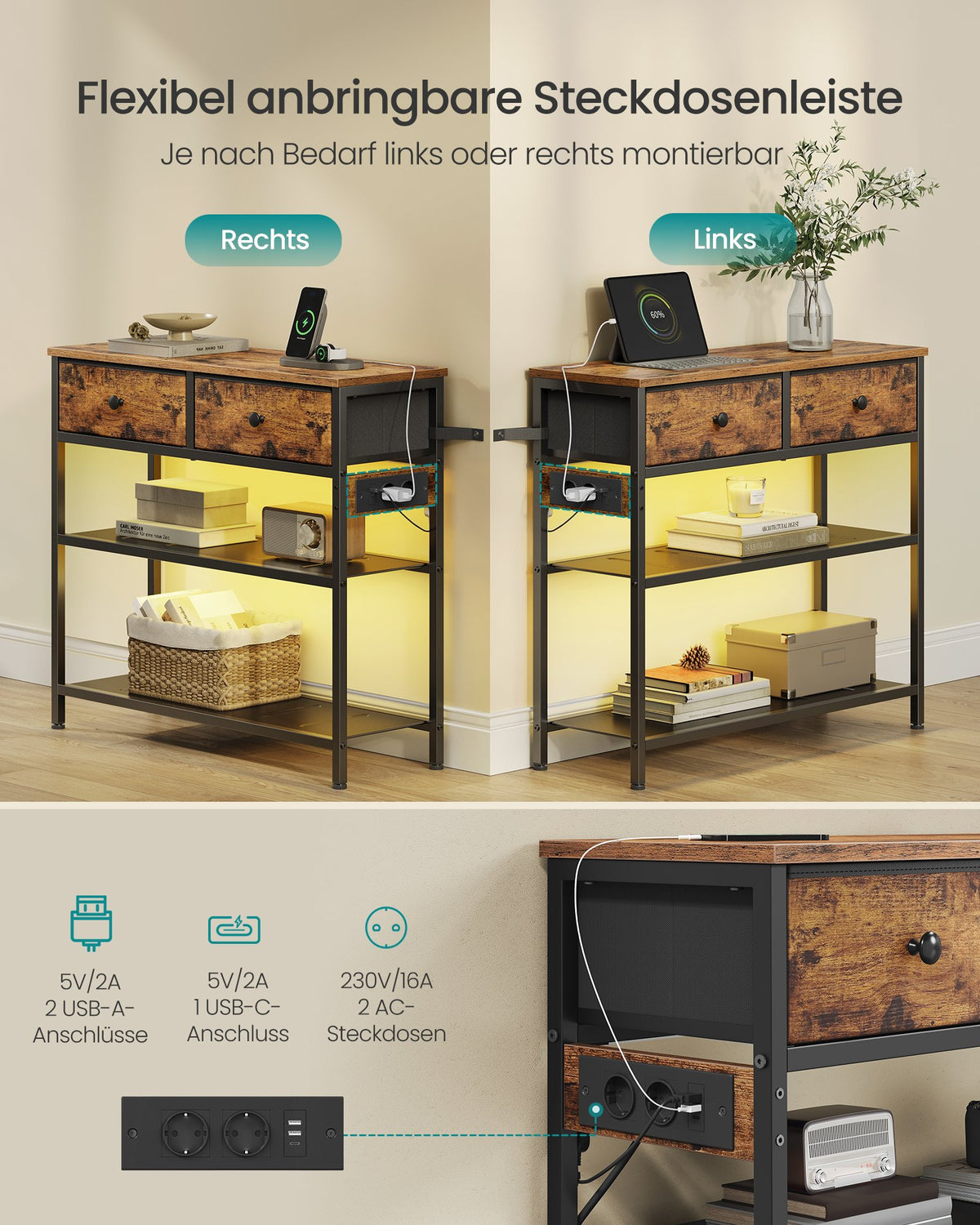 Smalle Wandtafel - Stalen Frame Met 3 Stoffen Lades - Voor Hal En Woonkamer