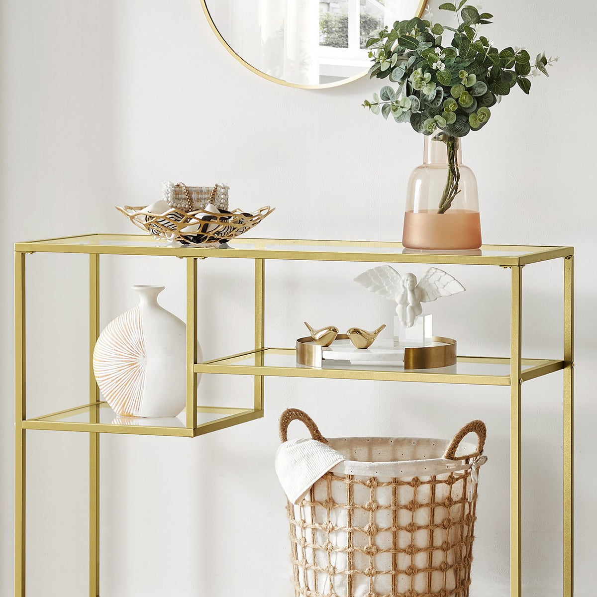 Wandtafel van Gehard Glas – Goudkleurig Stalen Frame – Asymmetrische Planken – 100 x 35 x 80 cm