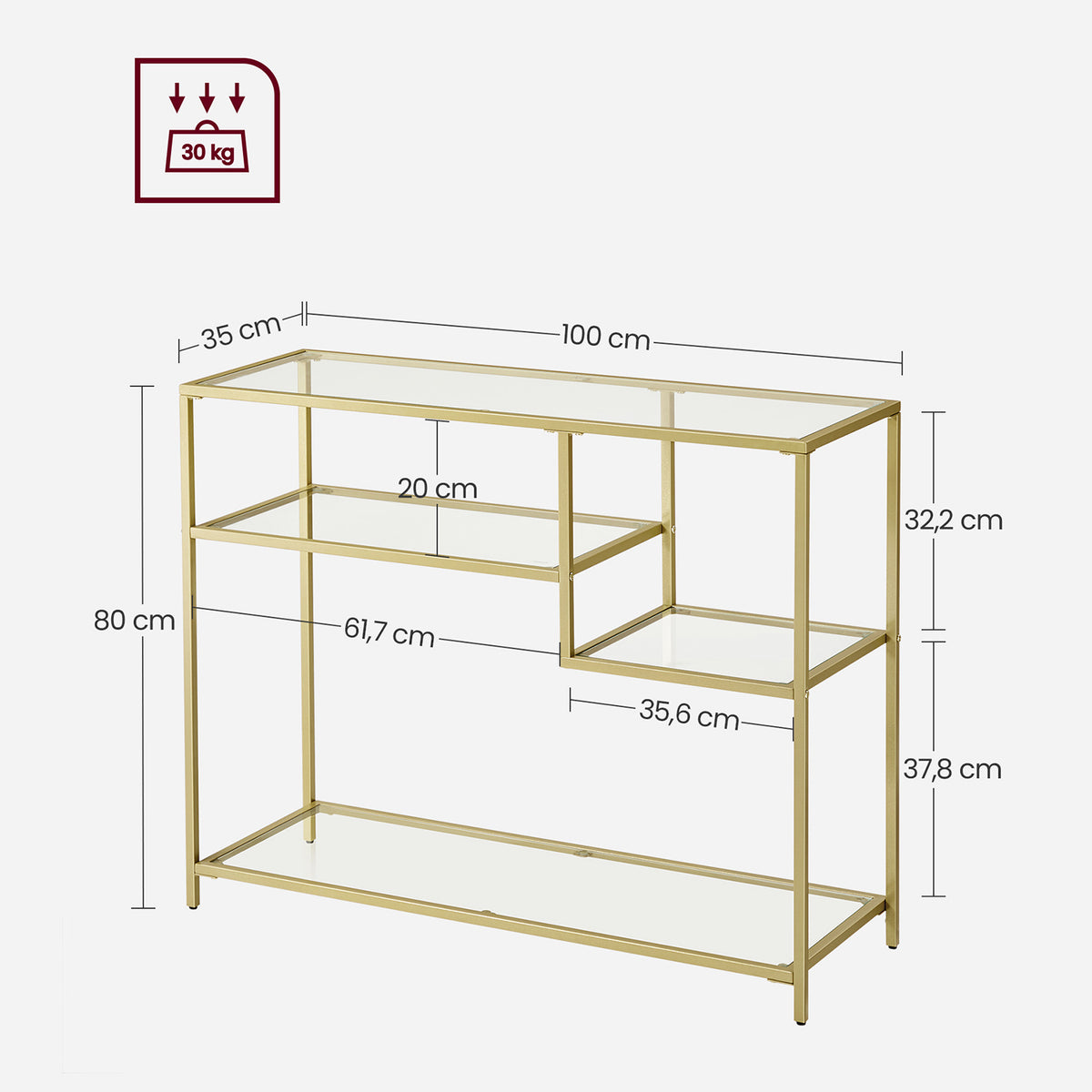 Wandtafel van Gehard Glas – Goudkleurig Stalen Frame – Asymmetrische Planken – 100 x 35 x 80 cm