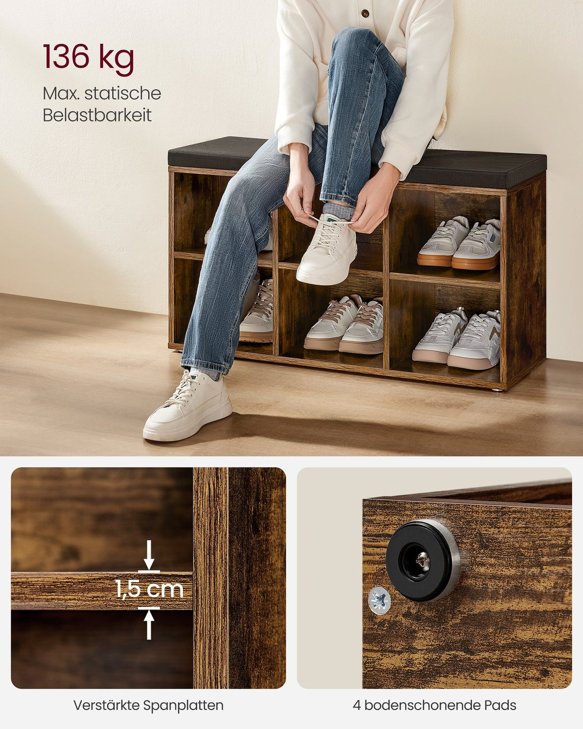 Schoenenbank met Opbergruimte – Verstelbare Planken – Linnenlook Bekleding – Tot 136 kg