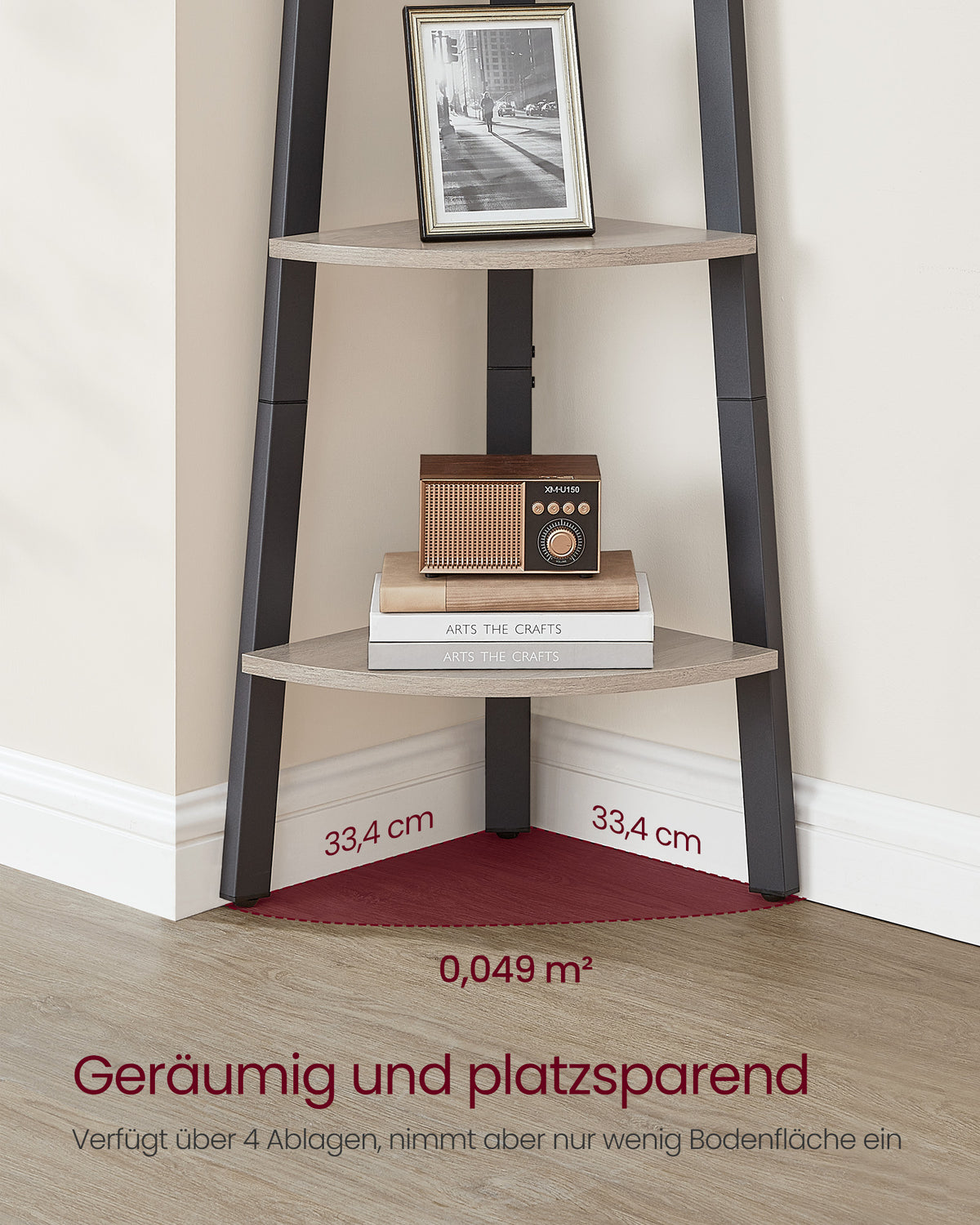 Hoekrek met 4 Planken – Staand Hoekregaal – Greige met Zwart Stalen Frame – 34 x 34 x 125 cm