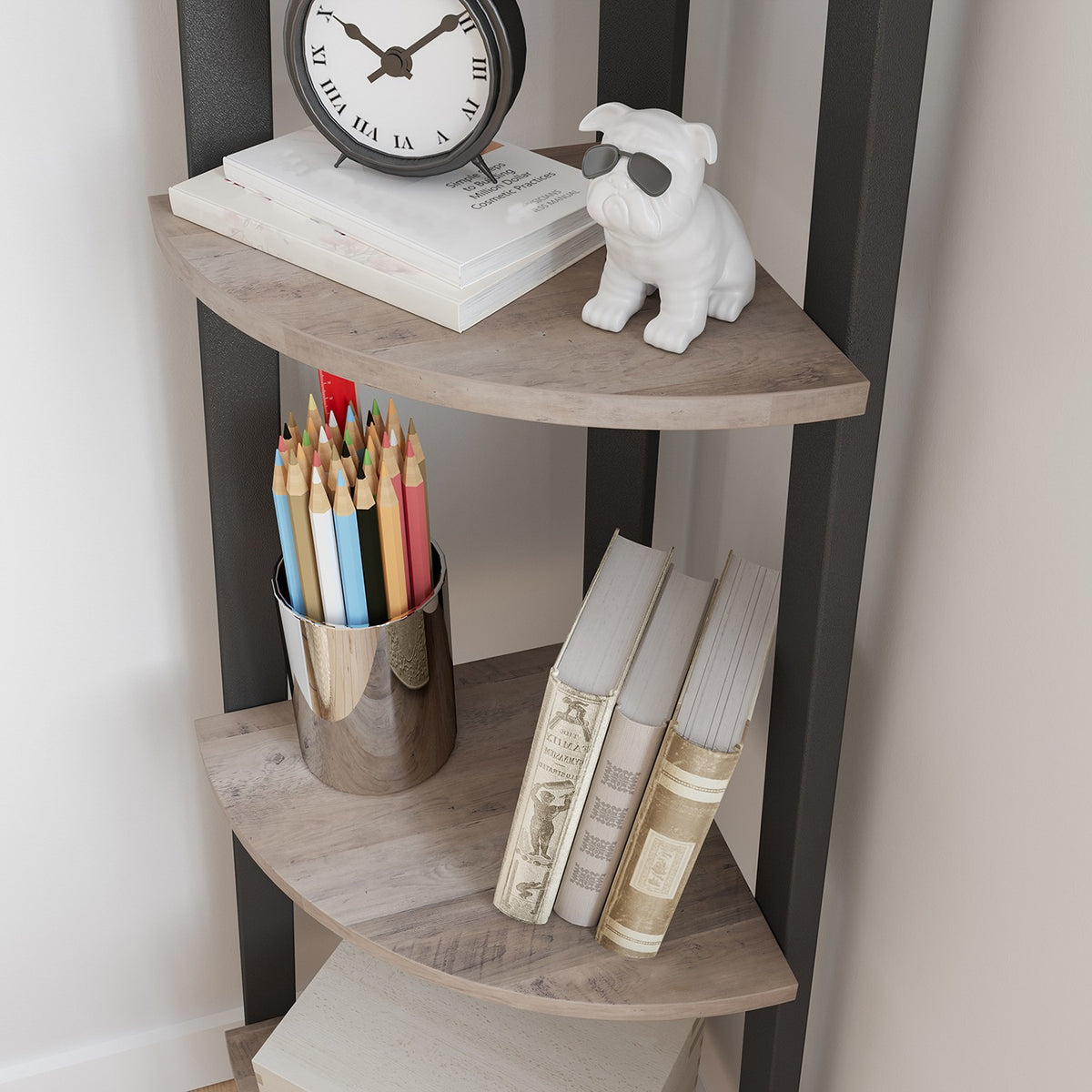Hoekrek met 4 Planken – Staand Hoekregaal – Greige met Zwart Stalen Frame – 34 x 34 x 125 cm