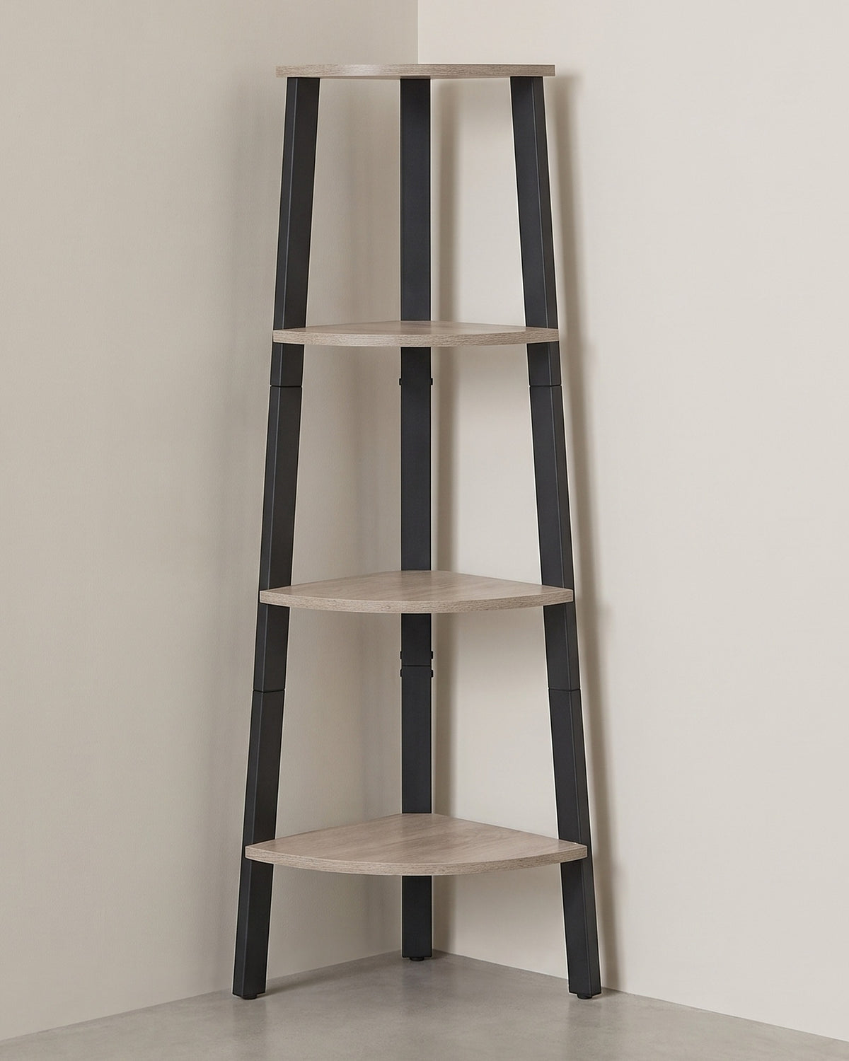 Hoekrek met 4 Planken – Staand Hoekregaal – Greige met Zwart Stalen Frame – 34 x 34 x 125 cm